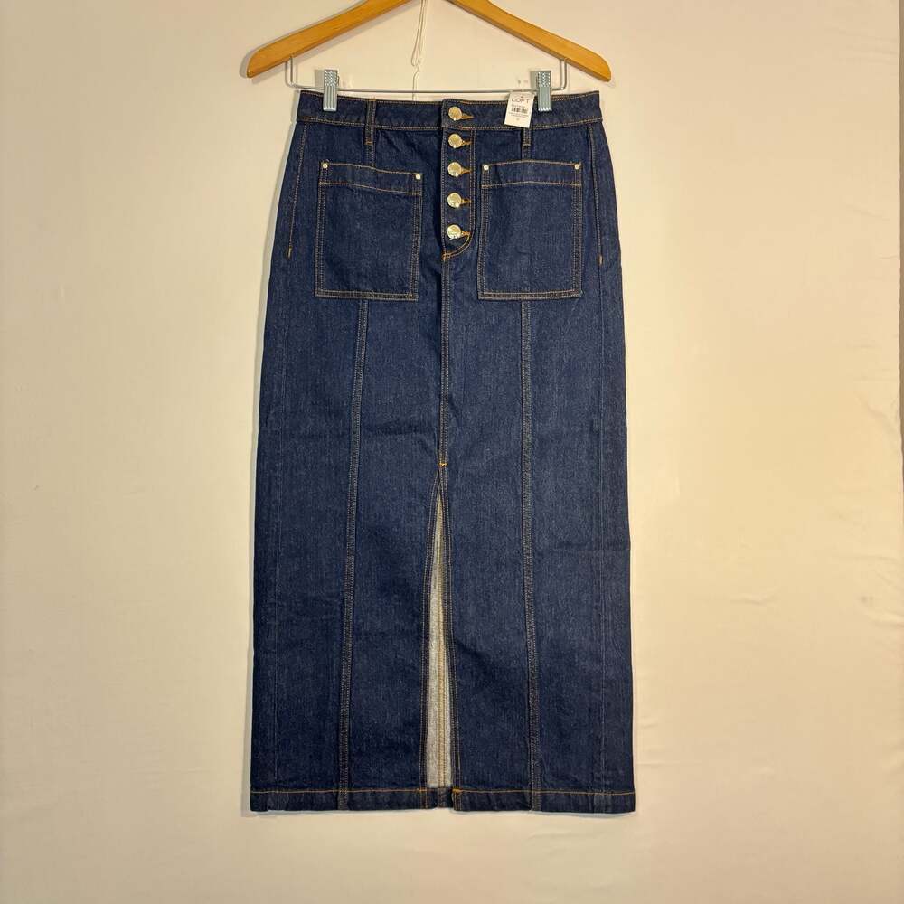 LOFT Dark Wash Denim Utility Maxi Skirt  Size O with Front Slit and Button Front